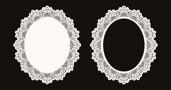 Vintage oval paper doily lace frames and borders. Delicate cottagecore aesthetic cutout vectors perfect for elegant wedding invitations, romantic scrapbook pages, and luxury boutique tags.