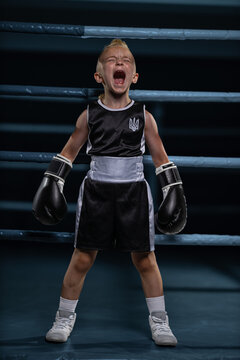 Young male athlete stands inside a professional boxing ring, wearing black and white sports gear and gloves while shouting with passion and intense determination during a training session.