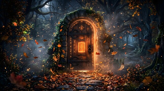 Mystical ancient stone door with glowing orange runes in a dark magical forest during autumn