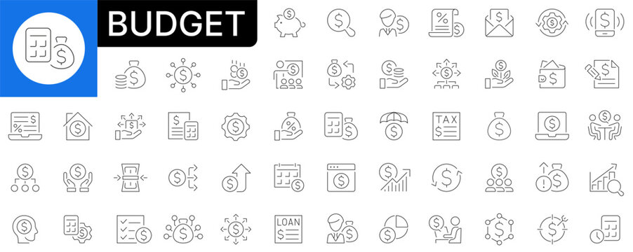 Budget and financial planning line icon set. Money management, investment, tax calculation, loan payment and personal finance outline symbols. Editable stroke
