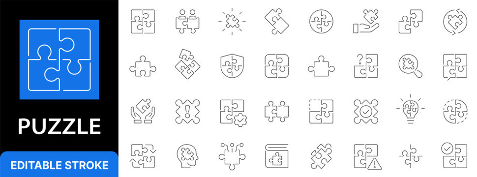 Business puzzle and problem solving line icon set. Team integration, strategic synergy, logical solution and connection outline symbols. Editable stroke.