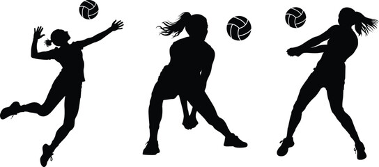 Fototapeta premium Women volleyball player silhouette vector set with serving, passing and spiking poses. Modern black sports design for logos, apparel, posters, branding, prints, decals and digital projects.