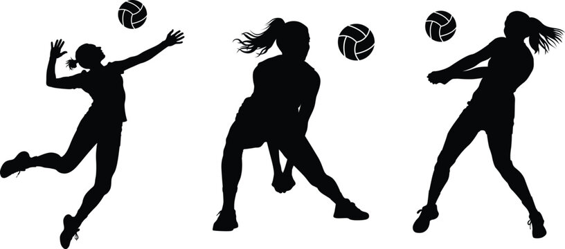 Women volleyball player silhouette vector set with serving, passing and spiking poses. Modern black sports design for logos, apparel, posters, branding, prints, decals and digital projects.