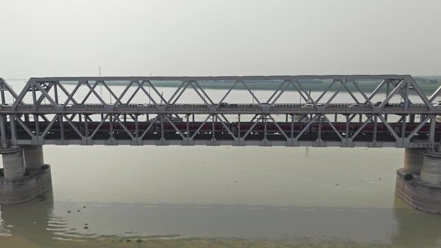 Aerial drone view of Digha-Sonpur JP Setu, also known as Loknayak Jayaprakash Setu, spanning the Ganges River and connecting Patna with Sonpur in Bihar, India.