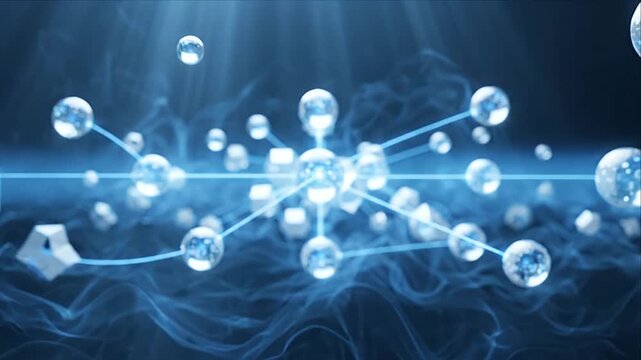 Digital Technology Network with Glowing Glass Sphere, Crystal Geometry, Blue Light, Flowing Energy, Abstract Data Connection, Futuristic Science Innovation Background