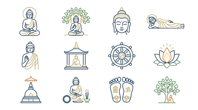 Collection of Buddha Icons Meditating figure Bodhi tree face reclining pose prayer stupa dharma wheel lotus footprints