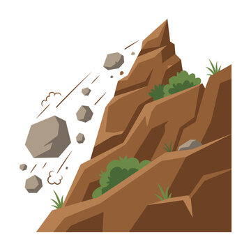 Rockslide on a mountain cliff with green plants and falling boulders landscape