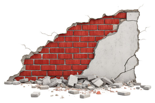 Crumbling weathered red brick wall with cracked white plaster debris isolated on transparent background