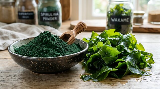 Heap of spirulina powder next to fresh seaweed showcasing vibrant green health supplements.