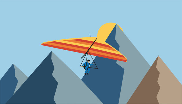 Person hang gliding with a colorful red and orange wing while soaring high above a mountain landscape during a beautiful sunny afternoon outdoors.