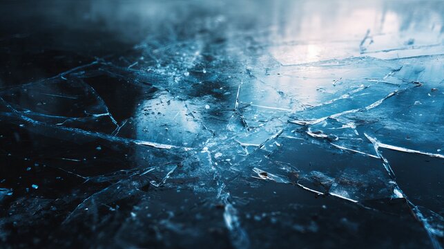 Cracked blue ice surface featuring deep intricate fissures captured in high definition detail with bright natural light from above cold