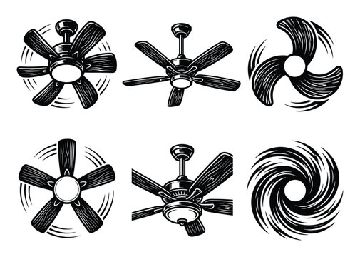 Ceiling fan set, rotating propeller, air conditioner, ventilation equipment, black white, line art