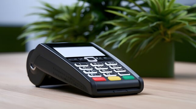 Modern payment terminal with numeric keypad and card reader on wooden surface near green potted plants
