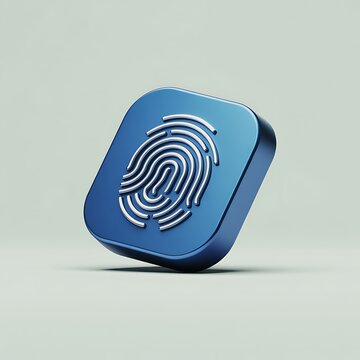 Threedimensional blue metallic button featuring silver fingerprint icon for biometric security identification and dataprivacy