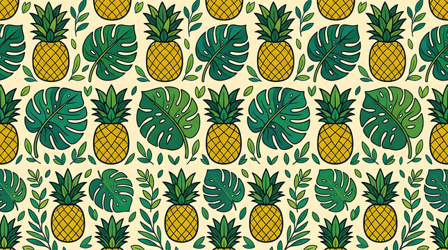 A vibrant seamless pattern featuring yellow pineapples and green tropical leaves on a light background, perfect for summer designs.