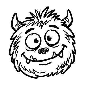 Funny furry monster face with big eyes and horns sketch creature character illustration creative