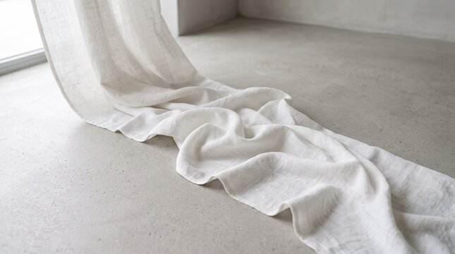 White linen curtain flowing on concrete floor