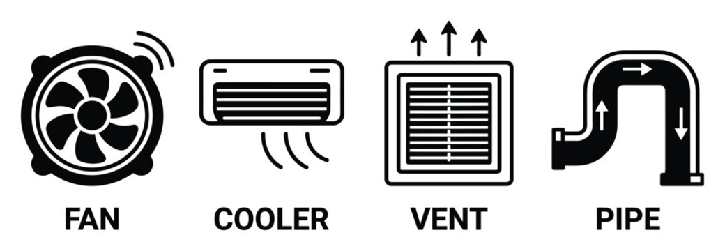 Fan cooler vent pipe set, black white outline, HVAC ventilation system icons, vector illustration