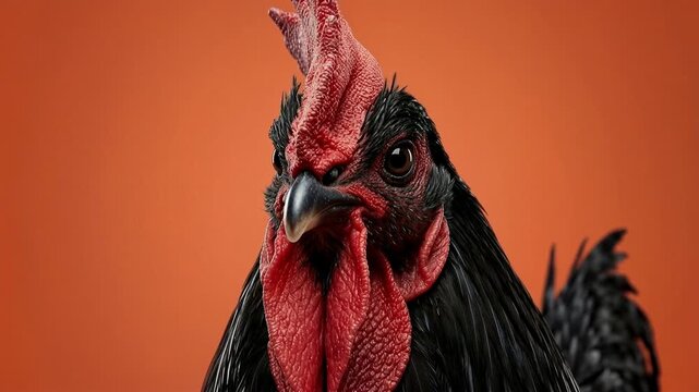 Close-up portrait of a black rooster with vibrant red comb and wattle
