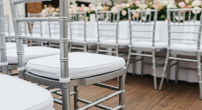 Elegant Silver Chiavari Chairs Set Up for a Formal Event.