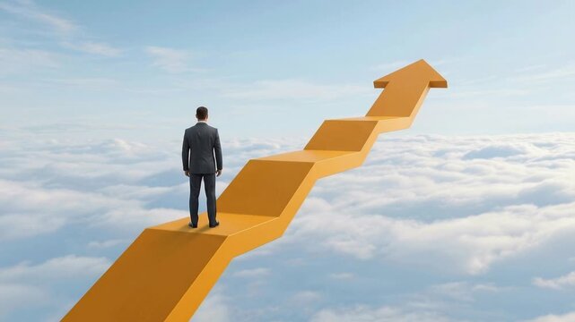 Businessman climbs orange arrow path above clouds towards bright future, representing career advancement and financial progress amidst dramatic clouds