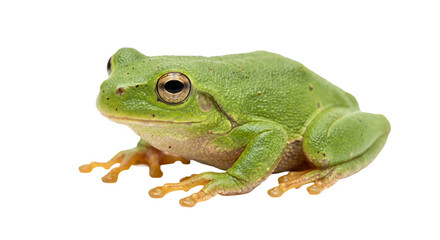 Fototapeta premium Green tree frog with large golden eyes sits on a white background