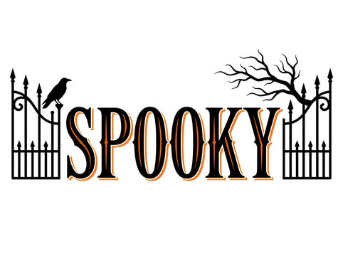 Spooky halloween text with black fence and crow illustration illustration