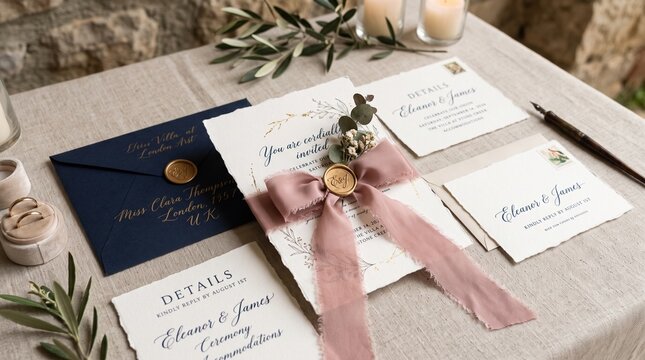 Elegant wedding invitation stationery set with wax seal and ribbon