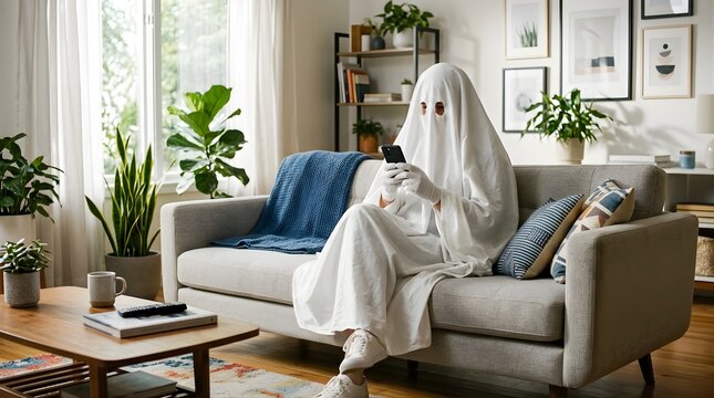 Person in a ghost costume using a smartphone on a sofa in a living room