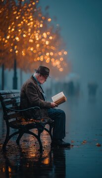 Senior Man Reading Book on Park Bench on Rainy Day, Peaceful Solitude