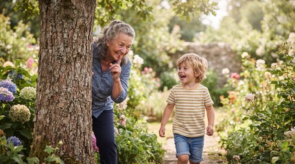 Fototapeta premium Happy Grandmother Playing Hide and Seek with Grandson in a Flower Garden