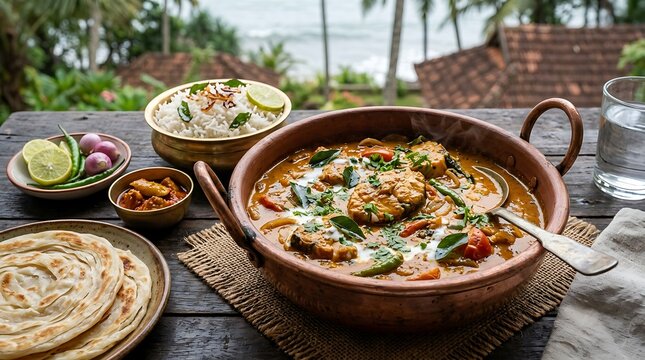 Fish curry in a copper pan is served with parotta on a tropical deck.