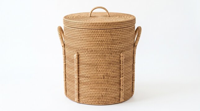Woven rattan laundry basket with lid