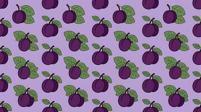 A seamless pattern of cartoon-style purple plums with green leaves on a light lavender background, creating a vibrant and repetitive fruit design.