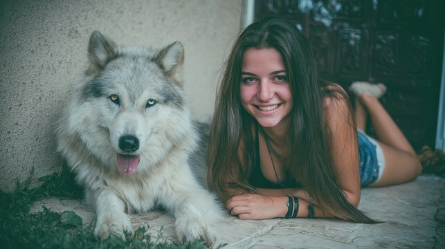 Girl With Wolf Companion Smiling, Lying Outdoors With Friendship Bonding