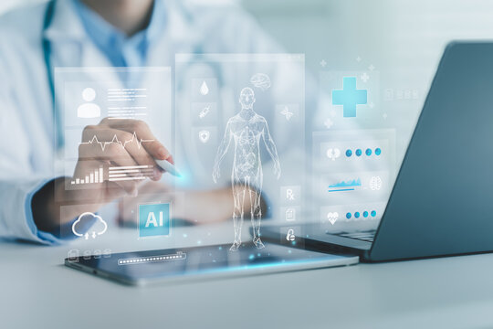 Doctor touching Dashboard health data, medical information, and healthcare digital interface. cloud health records and patient analysis innovation, AI technology on network electronic folder document