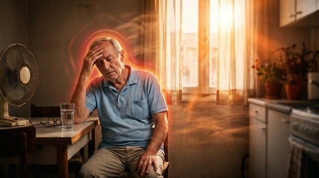 Elderly man suffering from extreme heat and exhaustion indoors with heatwave effect for heatstroke and senior health concept.