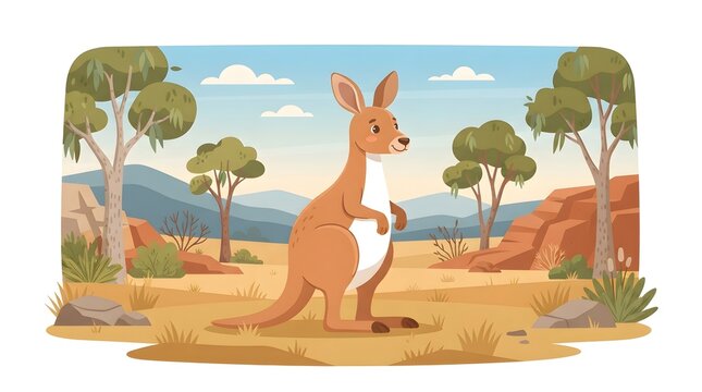 A kangaroo standing in the Australian outback surrounded by native plants and warm natural scenery under a bright blue sky.
