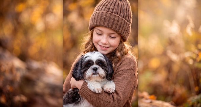 Happy little girl hugging her cute shih tzu dog in autumn park. Warm golden hour portrait of child and pet friendship.