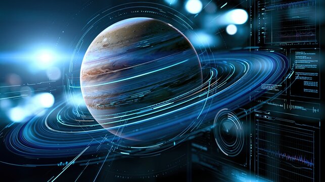 Blue Jupiter planet surrounded by glowing rings and data screens