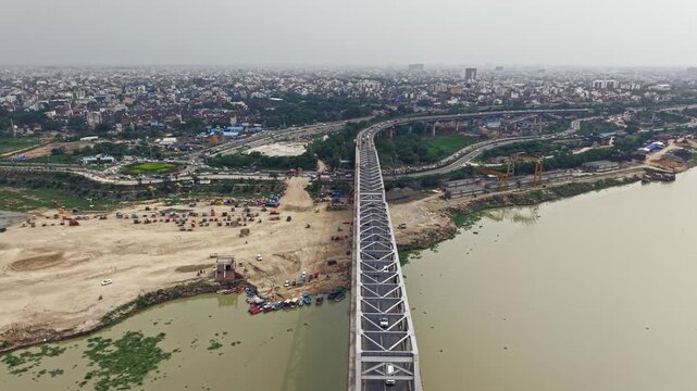 Aerial drone view of Digha-Sonpur JP Setu, also known as Loknayak Jayaprakash Setu, spanning the Ganges River and connecting Patna with Sonpur in Bihar, India.