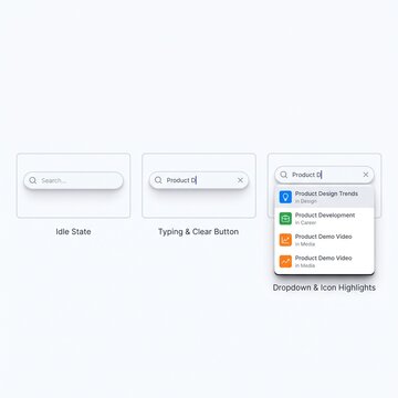 Minimalist search bar user interface design showing various functional input states and dropdown results for website and application layout mockups