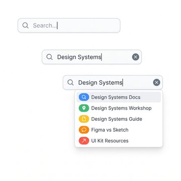 Search Bar User Interface Components with Dropdown Menu Suggestions and Iconography