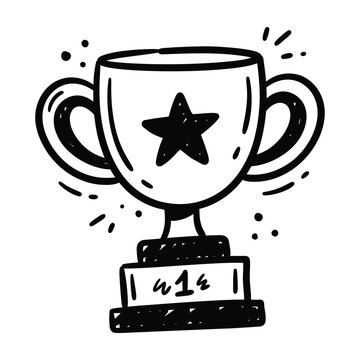 Hand drawn illustration of first place trophy award with star symbol champion achievement