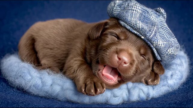 Sleeping puppy wears a blue hat while resting on a soft blanket in a cozy indoor space