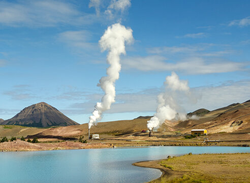 Geothermal Steam Vents and Turquoise Lake in Iceland