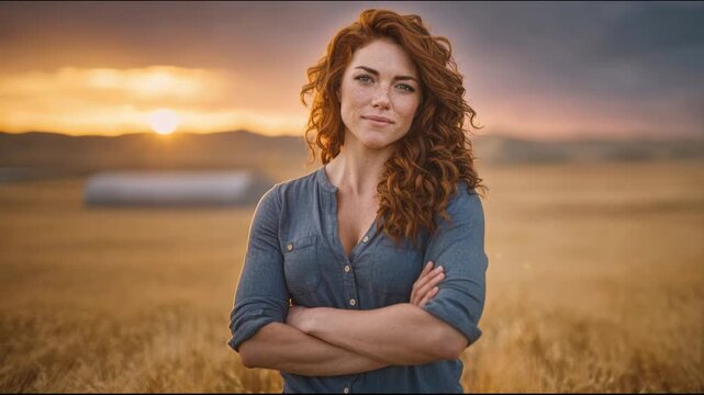 Woman stands in a field at sunset with arms crossed and a serious expression while wearing a blue shirt