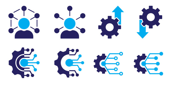 Network connection icons with gears and circuit board elements in a flat vector style