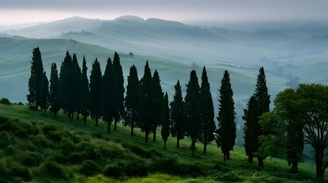 A serene landscape of rolling green hills with tall cypress trees lining a gentle slope under a soft  misty sky