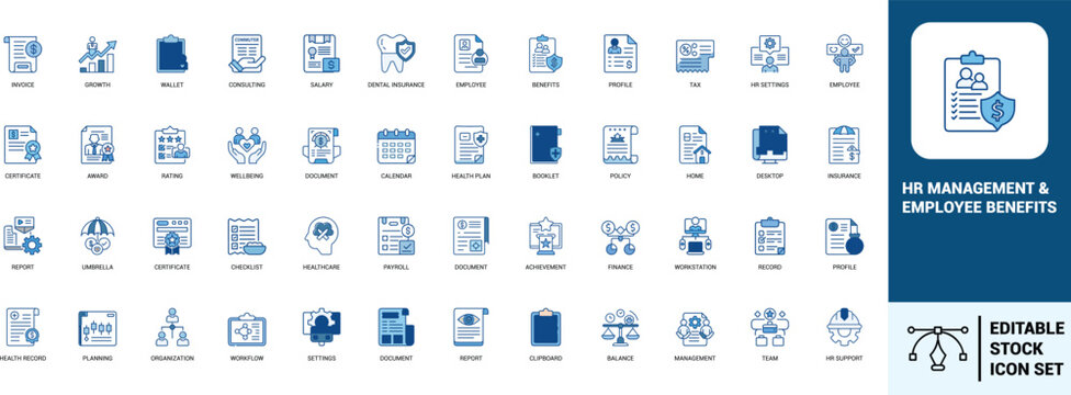HR management employee benefits line art icons set invoice, growth, salary, dental insurance, employee, benefits, tax, payroll, Web icon, App icon, Outline icon, Editable stroke, line art, Vector EPS